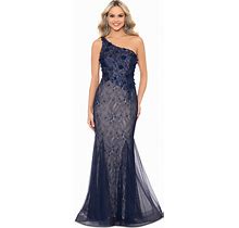 Xscape Women's Lace Mesh One-Shoulder Gown - Navy/Champagne - Size 10
