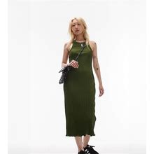 Topshop Petite Plisse Jersey Midi Dress In Khaki-Green - Green (Size: M)