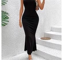 Solid Spaghetti Strap Dress, Sexy Sleeveless Bodycon Maxi Dress, Long Dresses, Women's Clothing,Black,Must-Have,Temu