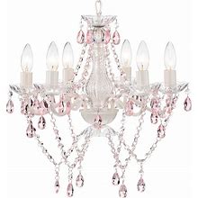 Mr.Color White Chandeliers Pink Crystal Chandelier Lighting Fixture 6 Light Candle Chandelier For Girls Bedroom
