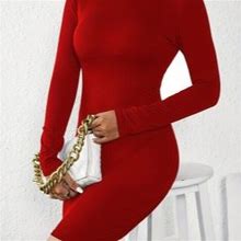 Solid Color Contrast Collar Dress, Women's Mock Neck Slim Dress Spring Fall Women's Clothing Long Sleeve Bodycon Dress,Red,Trending,Temu