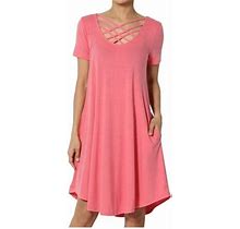 Themogan Women's Plus Strappy Caged Scoop Neck Short Sleeve Flowy Swing Pocket T-Shirt Dress Desert Rose 3X