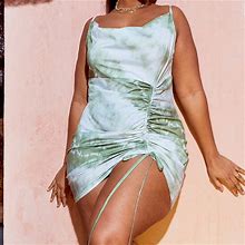 Prettylittlething Dresses | Prettylittlething - Plus Tie Dye Cowl Ruched Front Bodycon Dress | Color: Green | Size: 12