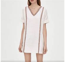 Zara Cream Tweed Embroidered V-Neck Short Sleeve Mini Dress