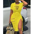 Ladder Cutout Drawstring Ruched High Slit Dress Yellow S By Chicme