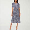 MSK Short Sleeve Floral Midi Fit + Flare Dress | Blue | Womens Small | Dresses Fit + Flare Dresses | Stretch Fabric | Spring Fashion