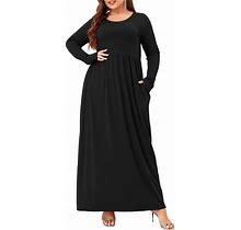 Wolddress Women Plus Size Long Sleeve Maxi Dress Casual Loose Plain Fall Long Flowy Dress With Pockets Black 1X
