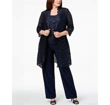 R & M Richards 3-Pc. Plus Size Sequined Lace Pantsuit & Shell - Navy - Size 18W