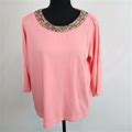Haband Shirt Top Blouse Womens Medium Pink 3/4 Sleeve Beaded Neckline