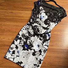 White House Black Market Dresses | Whbm Black And White Floral Dress With Blue, 6 | Color: Black/White | Size: 6