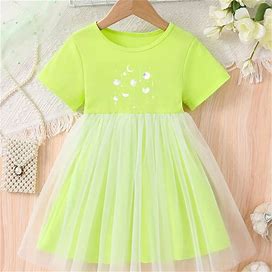 Dreamy Moon & Star Print Dress, Sweet Short Sleeve Tutu Dress Mesh Dress For Girls Summer Party,Yellow,Recommended,Temu