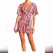 Topshop Dresses | Topshop Coral Blair Leopard Print Wrap Mini Dress Size 6 | Color: Pink | Size: 6