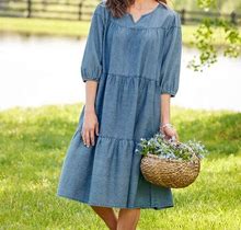 Plus Size - Women's Notch-Neckline Denim Muumuu Dress - Blue Denim - 4X-Large - The Vermont Country Store
