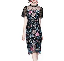 Ym Youmu Women Floral Embroidered Tulle A Line Casual Dress Sheer Short Sleeves Cocktail Dress