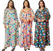 Muslim Dubai Women Floral Print Abaya Kaftan Long Dress Moroccan Islamic Gown