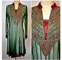 Vintage Sheer Kelly Green Net Flared Mughal Shift Dress Tunic With Ornate Metallic Gold & Red Front Panel Embroidery Jewels Mirrors Sz M