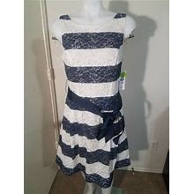Women's Robbie Bee 10Petite White And Navy Belted Lace Dress