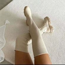 New Women Knit Over-Knee Thigh Stretch Round Toe Platform Side Zipper High Boots