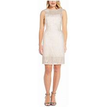 Adrianna Papell Womens Ivory Sheer Zippered Soutache Embroidered Sleeveless Boat Neck Above The Knee Cocktail Sheath Dress 6