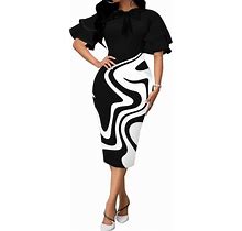 Fovenk Pencil Dress For Women Business Elegant Ruffle Sleeve Bodycon Church Dresses Wear To Work Zipper