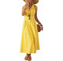 Ainifier Summer Dresses For Women Loose Cotton Turn-Down Top Shirt Dress Ladies Knee Midi Sundress Maxi Dresses Yellow M