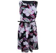 Connected Women's Belted Floral-Print Dress (6, Fuschia)