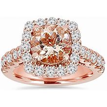 2 1/2CT Morganite & Diamond Cushion Halo Engagement Ring 14K Rose Gold - Size 8