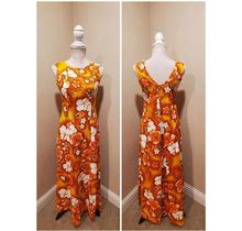 Vintage 60S 70S Pomare Cotton Barkcloth Floral Hawaiian Tiki Sleeveless Maxi Dress Internal Tie Pleated Cape Hostess Dress