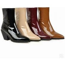 Western Women's Pointed Toe Patent Leather Chunky Heels Winter Shiny Ankle Boots