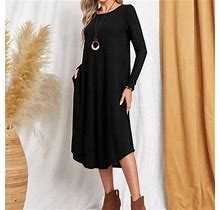Forestyashe Black Dresses For Women Autumn And Winter Clothing Solid Color Knitted Side Seam Straight Pocket Curved Hem Loose Dress