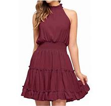 Women's Neck Ruffle Dress Sleeveless Solid Mini Sundress Elastic Waist Summer Flowy Tiered A Line Short Dress