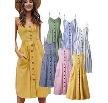 Spencer Women's Dress V Neck Floral Bohemian Spaghetti Straps Boho Tie Front Button Down Midi Dress With Pockets "Pink,M"
