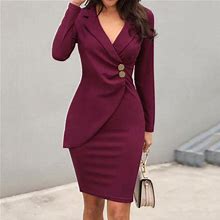 Womens Clothes Womens Clothes Women Solid Turn Down Neck Long Sleeve Buttons Bodycon Casaul Work Formal Dress M Rose Red
