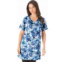 Plus Size Women's Short-Sleeve V-Neck Ultimate Tunic By Roaman's In Blue Dreamy Floral (Size 3X) Long T-Shirt Tee