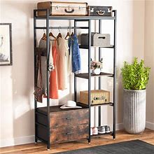 Tribesigns Freestanding Closet Organizer With Hanging Rod, Shelves And 2 Fabric Drawers, Heavy Duty Garment Rack, Rustic Brown