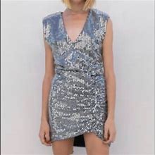 Zara Dresses | Zara Draped Sequin Dress | Color: Silver | Size: Various