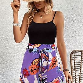 Tropical Print Belt Shorts, Women's Boho Set Cami Top, Tank Top, Camisole Top Casual Beach Outfits For Summer Spring Women',Purple,High Quality,Temu