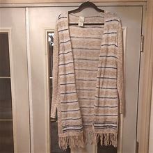 Blair Sweaters | Blair Womens Open Front Knit Fringed Long Sweater( Beige+ Stripe) Size Large | Color: Tan/Brown | Size: L