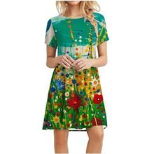 Hvyesh Plus Size Dress For Women Short Sleeve Round Neck Ruffled Floral Swing A-Line Dresses Midi Beach Dress