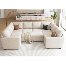 HONBAY Sectional Sleeper Sofa With Pull Out Bed, Modular Sectional Couch U Shaped Sofa Bed With Storage Chaise For Living Room, Beige