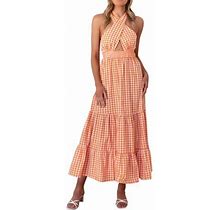 Ladies Boho Plaid Print Cross Halter Collar Flowy Maxi Dress Dress Dress For Women For Summer Pink Dress Women