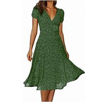 Ernkv Women's Trendy Midi Loose Dress Dot Print Short Sleeve V Neck Dress Boho Ruffle Flowy Hem Retro Relaxed Clothing Fashion Summer Clearance Green
