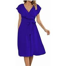 Gaecuw Midi Summer Dresses For Women 2023 V Neck Short Sleeve Below The Knee Vacation Dresses Swing Beach Dresses Trendy Dresses Polyester Going Out D