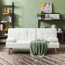 Folding Velvet Sleeper Sofa Bed, Convertible 3 Seater Futon Sofa With Removable Armrests And 2 Cupholders For Living Room, Beige