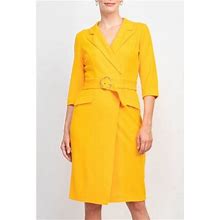 Sharagano Notched Collar 3/4 Sleeve Solid Belted Stretch Crepe Dress-APRICOT / 16