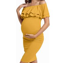 KIM S Off Shoulder & Double Layer Ruffle Maternity Dress, Bodycon Dress For Baby Shower Or Photoshoot