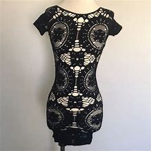 Cape Juby Dresses | Black Lace Crochet Bodycon Cocktail Dress | Color: Black/Cream | Size: Xs/S