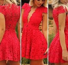 Red V Neck Lace Cap Sleeve Knee Length Homecoming Dresses