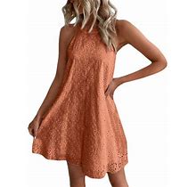 Gzea Beach Vacation Dresses Personality Design Summer Ladies Lace Solid Color Sleeveless Dress Orange,XXXL