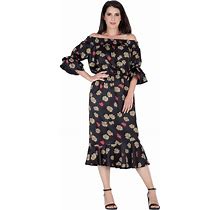 Women's Floral Print Off-Shoulder High-End Satin Midi Dress - Black Sparkler